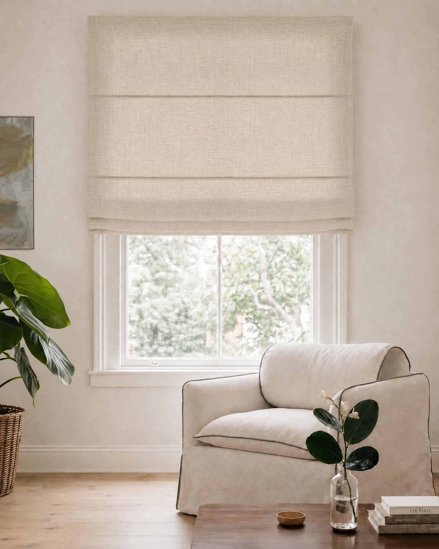 Beige Roman blind. Made of soft Linen Cotton fabric Enni Dusty Chalk by Ada & Ina