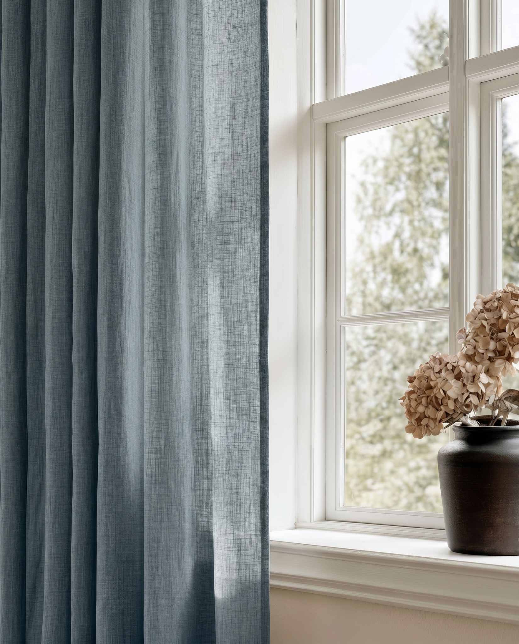 Blue Linen Curtains close-up. Mariana Blue River by Ada & Ina