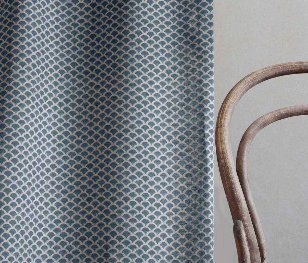 Erle Blue Stone - Natural curtain fabric, Blue contemporary print