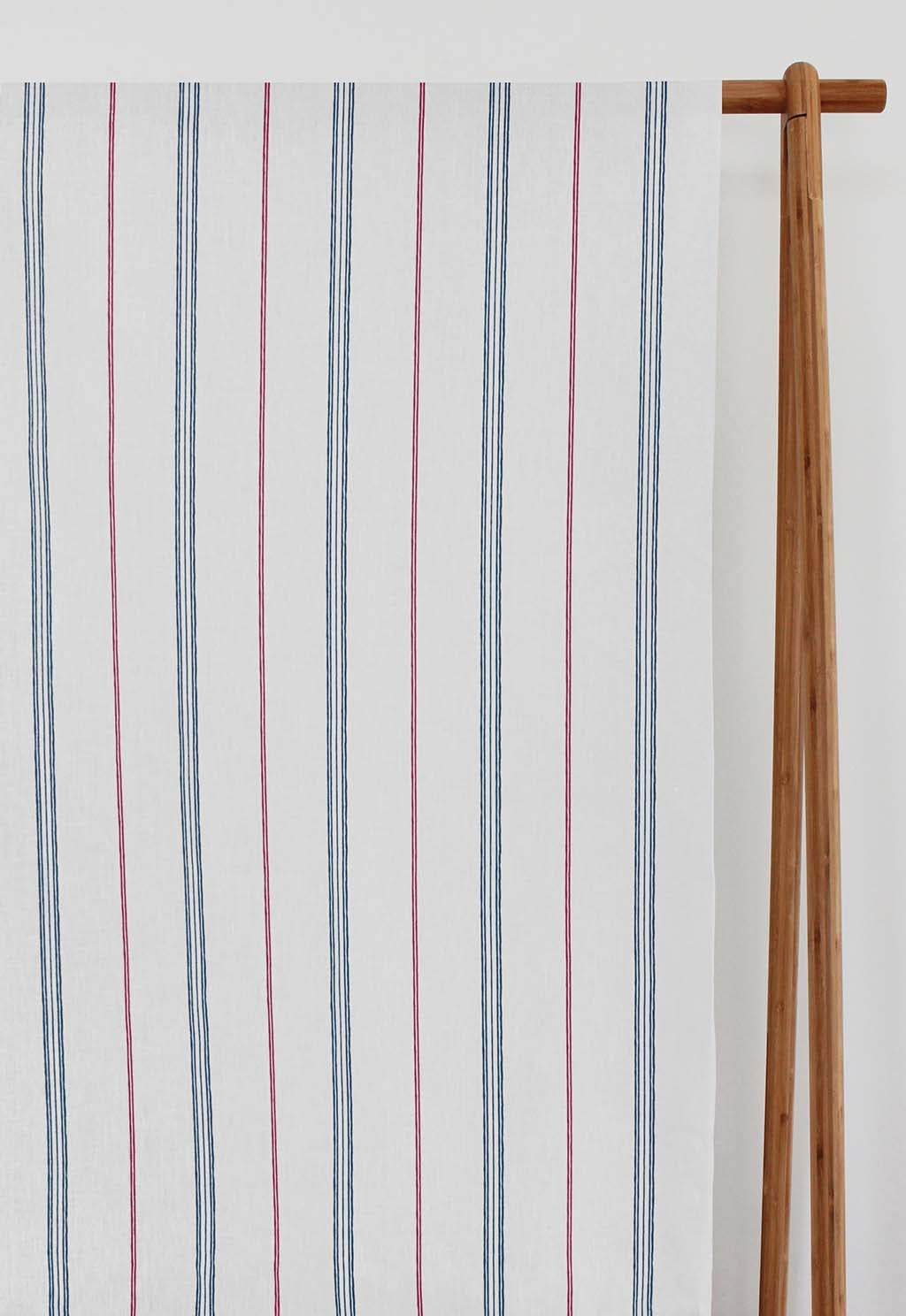 Elise Red-Ink-WHT - Linen curtain fabric, Red & Blue stripes