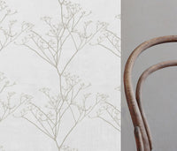 Cicely Grey Sand - White linen fabric, Grey botanical print