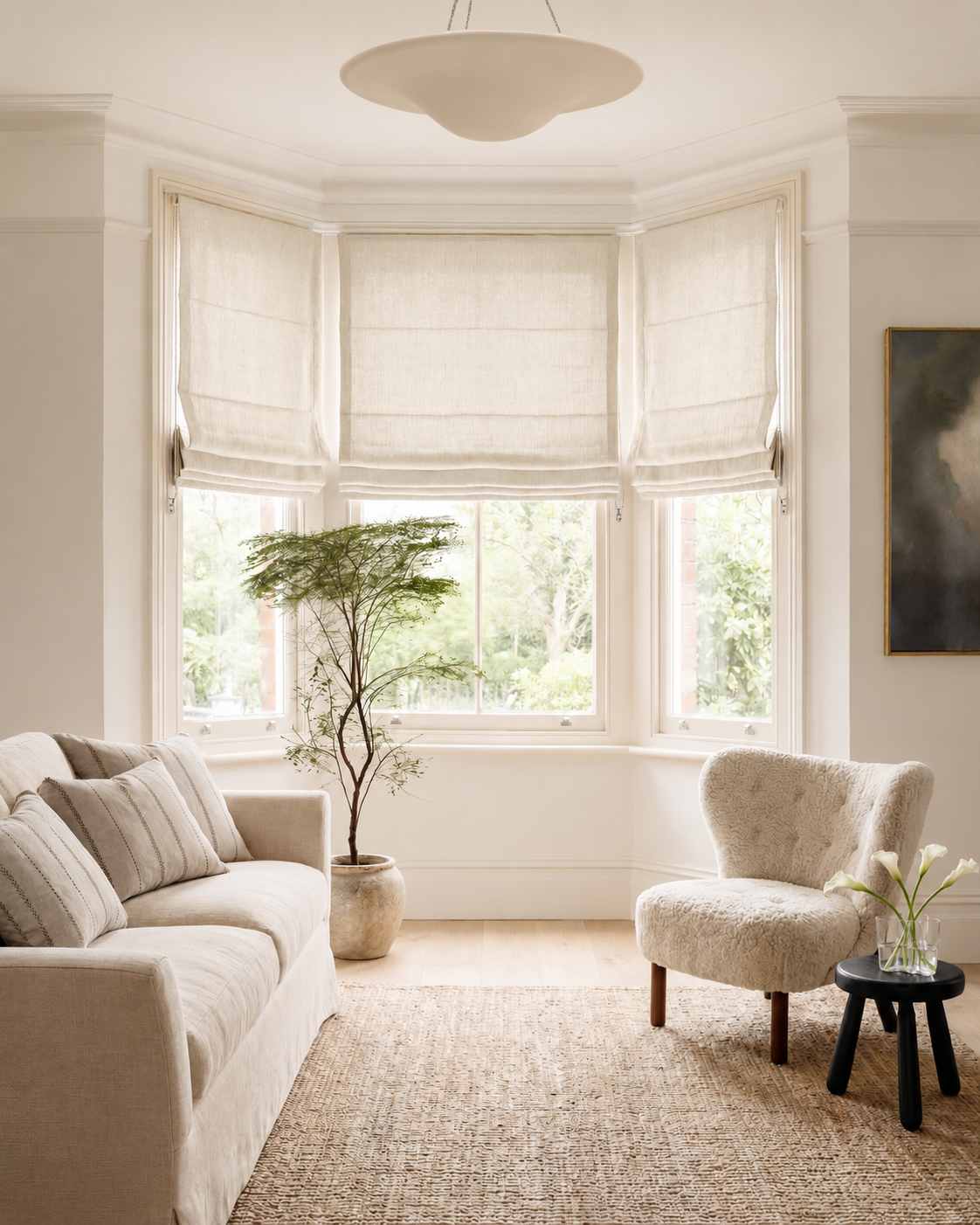 Cream Linen Bay window roman blinds for Living room and bedroom. Lined. Greta Oyster.