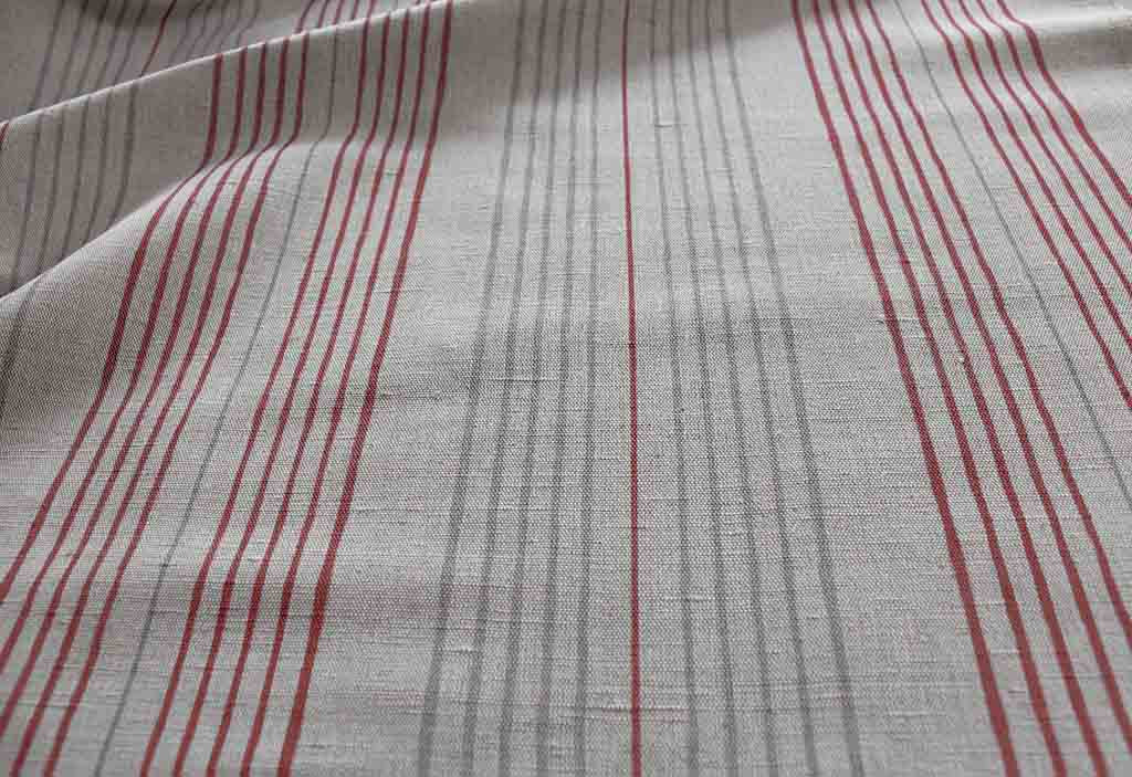 Else Crimson Red - Linen Cotton mix curtain fabric, Red & Grey stripes