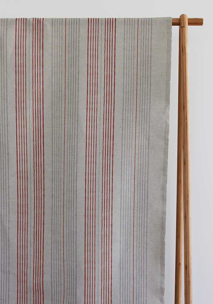 Else Crimson Red - Linen Cotton mix curtain fabric, Red & Grey stripes