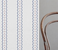 Daphne Red Ink-WHT - White fabric with Red and Blue Print. Abstract Print, Linen Mix