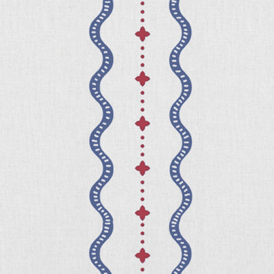Daphne Red Ink-WHT - White fabric with Red and Blue Print. Abstract Print, Linen Mix