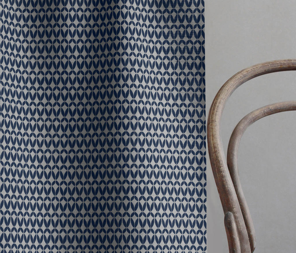 Siruna Deep Blue - Natural curtain fabric, Dark Blue contemporary print