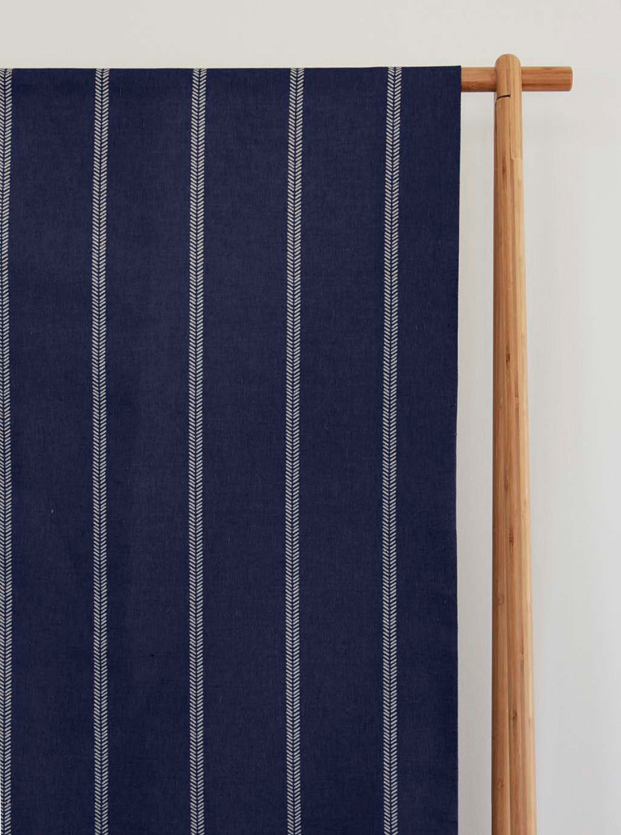 Rana Deep Blue- Blue curtain fabric with hand drawn stripes