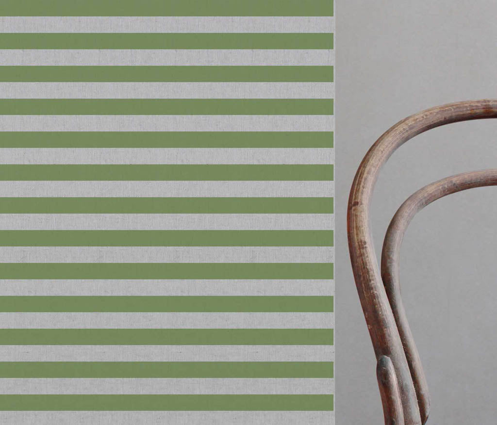 Della Khaki - Natural linen mix curtain fabric, Green horizontal stripes