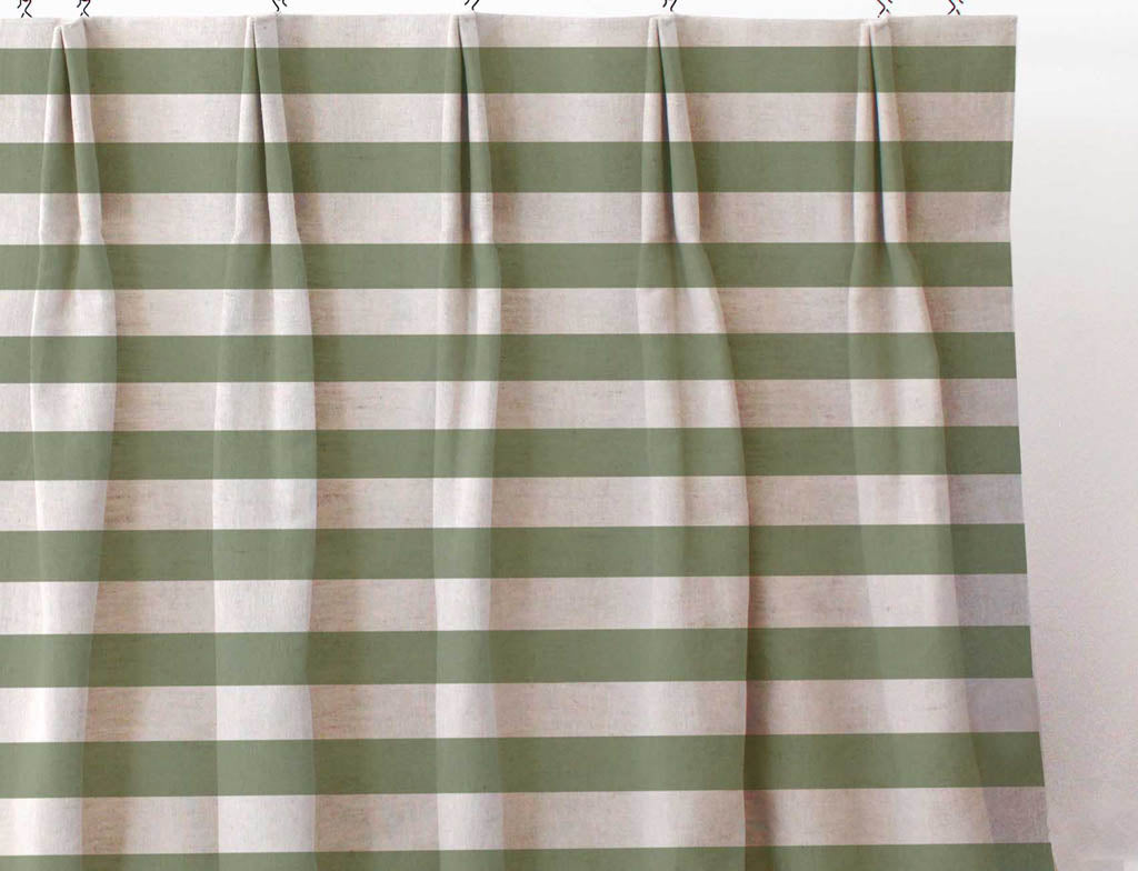 Della Khaki - Natural linen mix curtain fabric, Green horizontal stripes