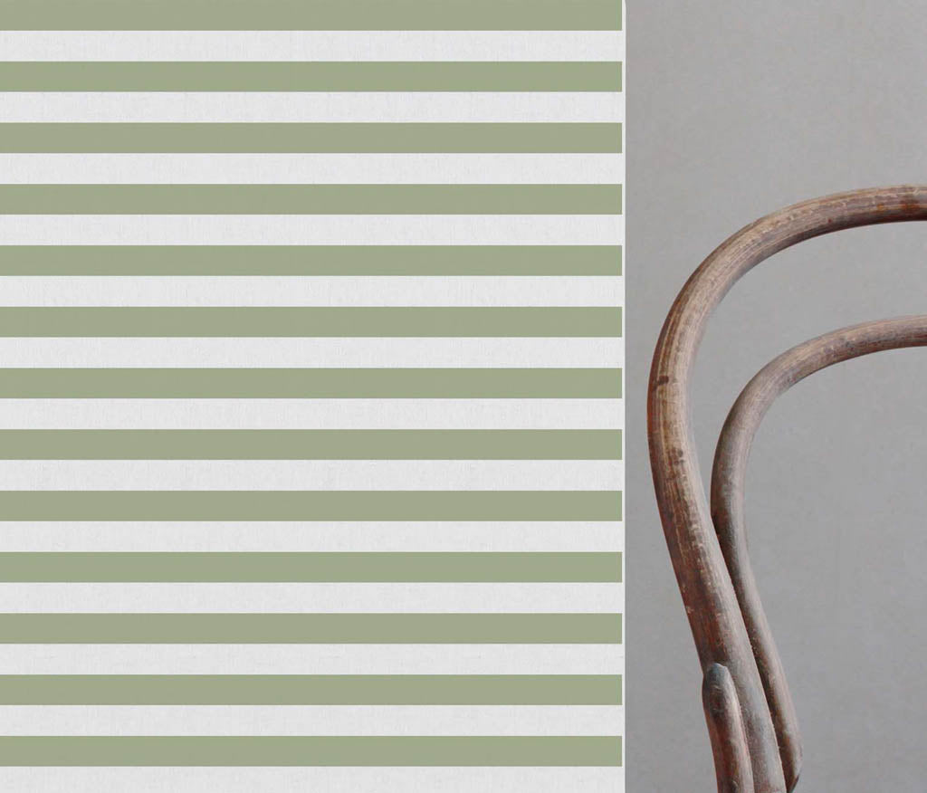 Della Moss-WHT - Linen curtain fabric, Green horizontal stripes