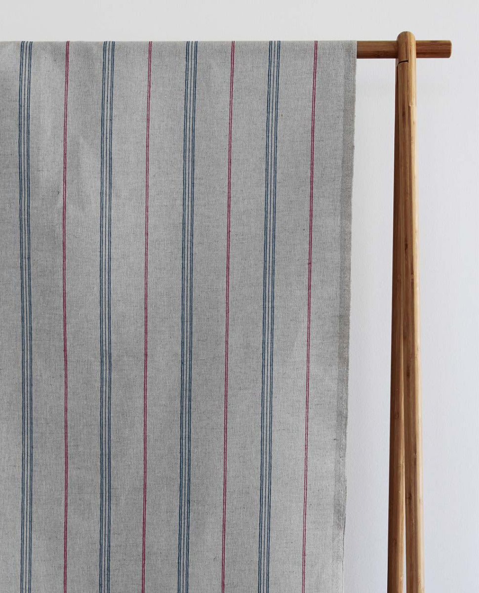 Elise Denim-Cherry - Linen Cotton mix curtain fabric, Red & Blue stripes