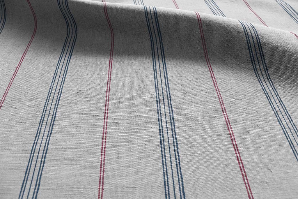 Elise Denim-Cherry - Linen Cotton mix curtain fabric, Red & Blue stripes