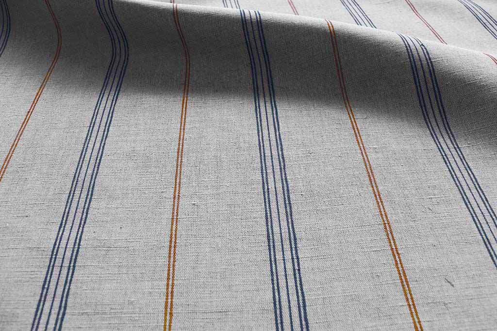 Elise Blue Terracotta - Linen Cotton mix curtain fabric, Blue & Orange stripes