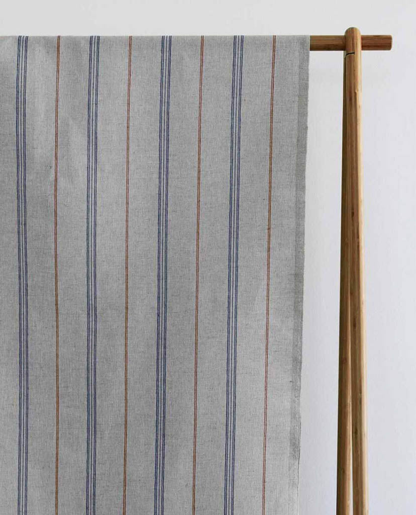 Elise Blue Terracotta - Linen Cotton mix curtain fabric, Blue & Orange stripes