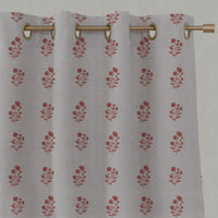 Red Floral Linen Eyelet Curtain - Cherie Crimson Red - Natural base fabric.