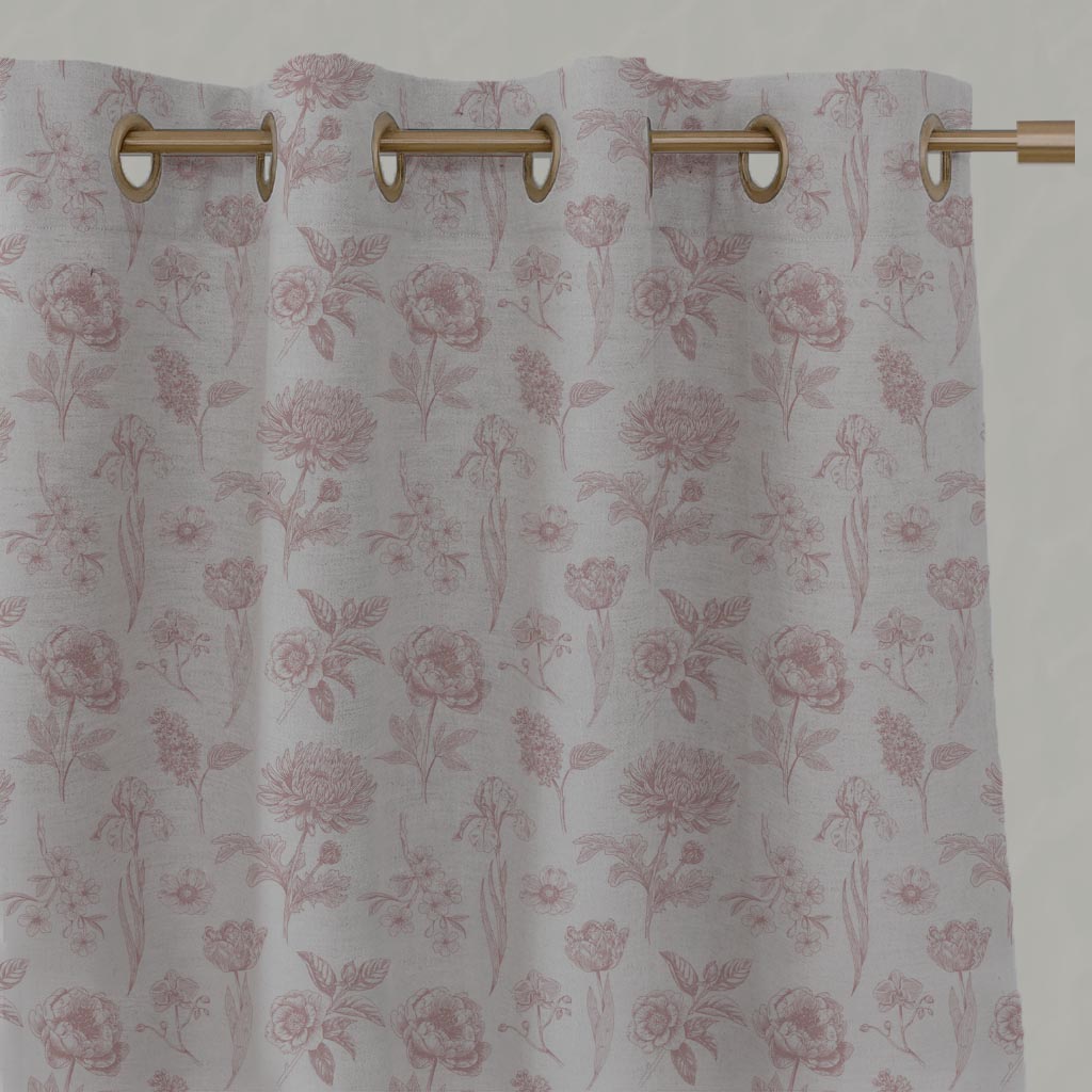 Pink Floral Linen Eyelet Curtain - Cirian Dusty Pink - Natural base fabric.
