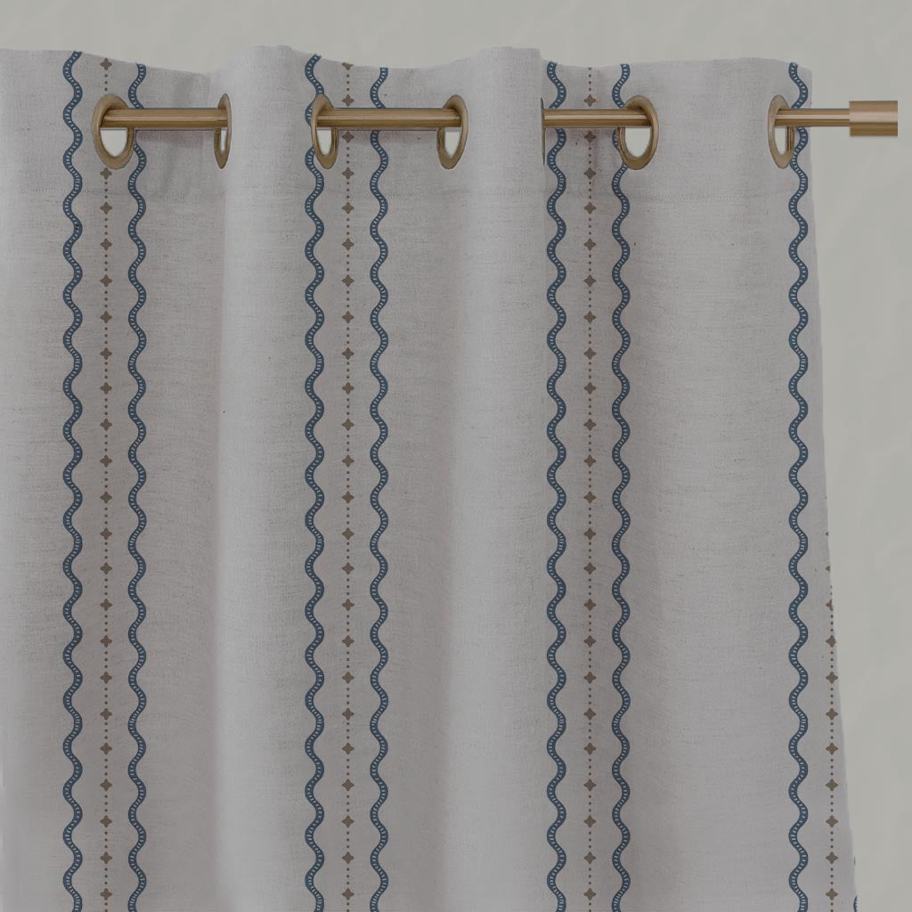 Blue and Brown Patterned Linen Eyelet Curtain - Daphne Denim - Natural base fabric.