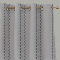 Blue and Brown Patterned Linen Eyelet Curtain - Daphne Denim - Natural base fabric.