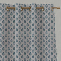 Blue Floral Linen Eyelet Curtain - Doris Blue Stone - Natural base fabric.