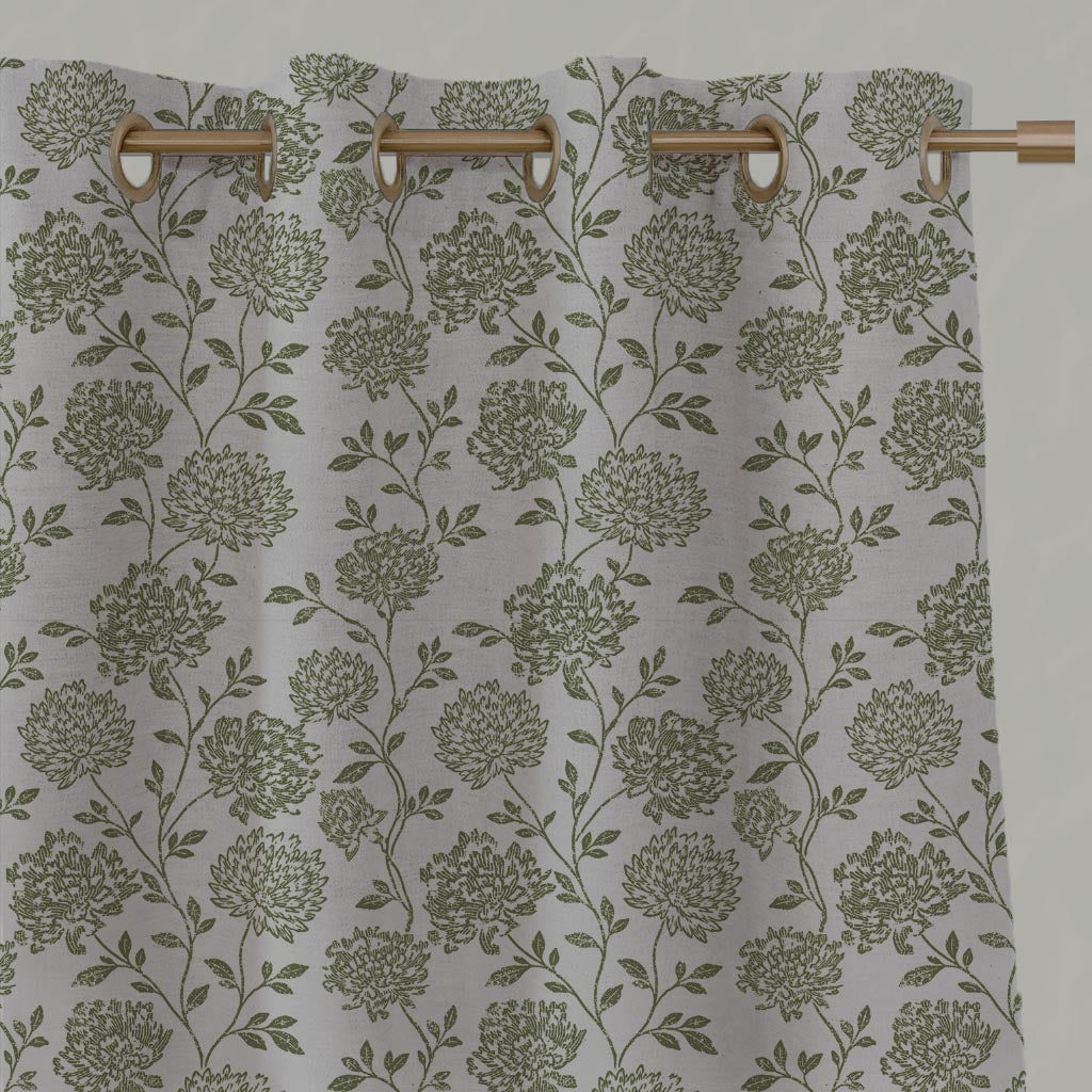 Green Floral Linen Eyelet Curtain - Hulsey Khaki - Natural base fabric.