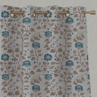 Blue Floral Linen Eyelet Curtain - Islie Blue Stone - Natural base fabric.