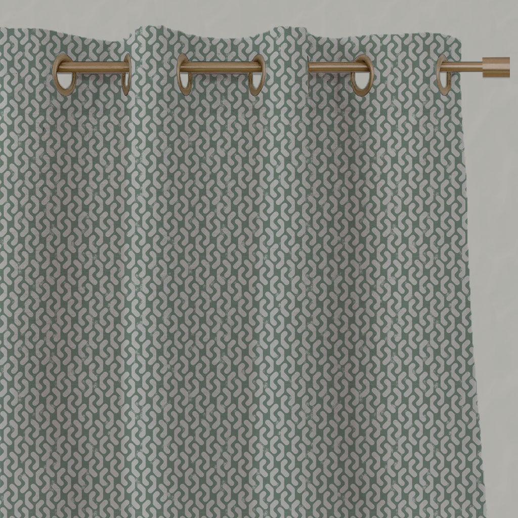 Green Patterned Linen Eyelet Curtains - Arina Jade Mist - Natural base fabric.