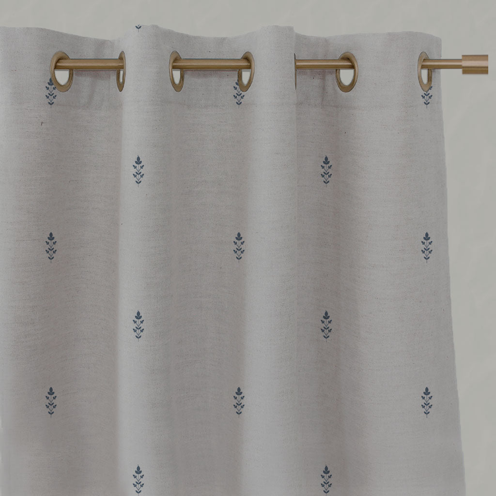 Blue Floral Linen Eyelet Curtains - Asli Denim - Natural base fabric.