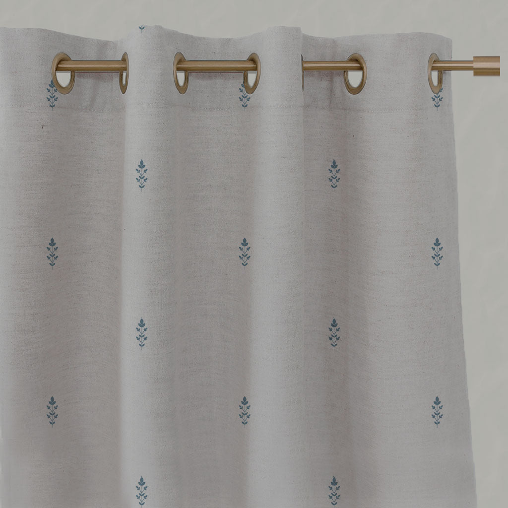 Blue Floral Linen Eyelet Curtains - Asli True Blue - Natural base fabric.
