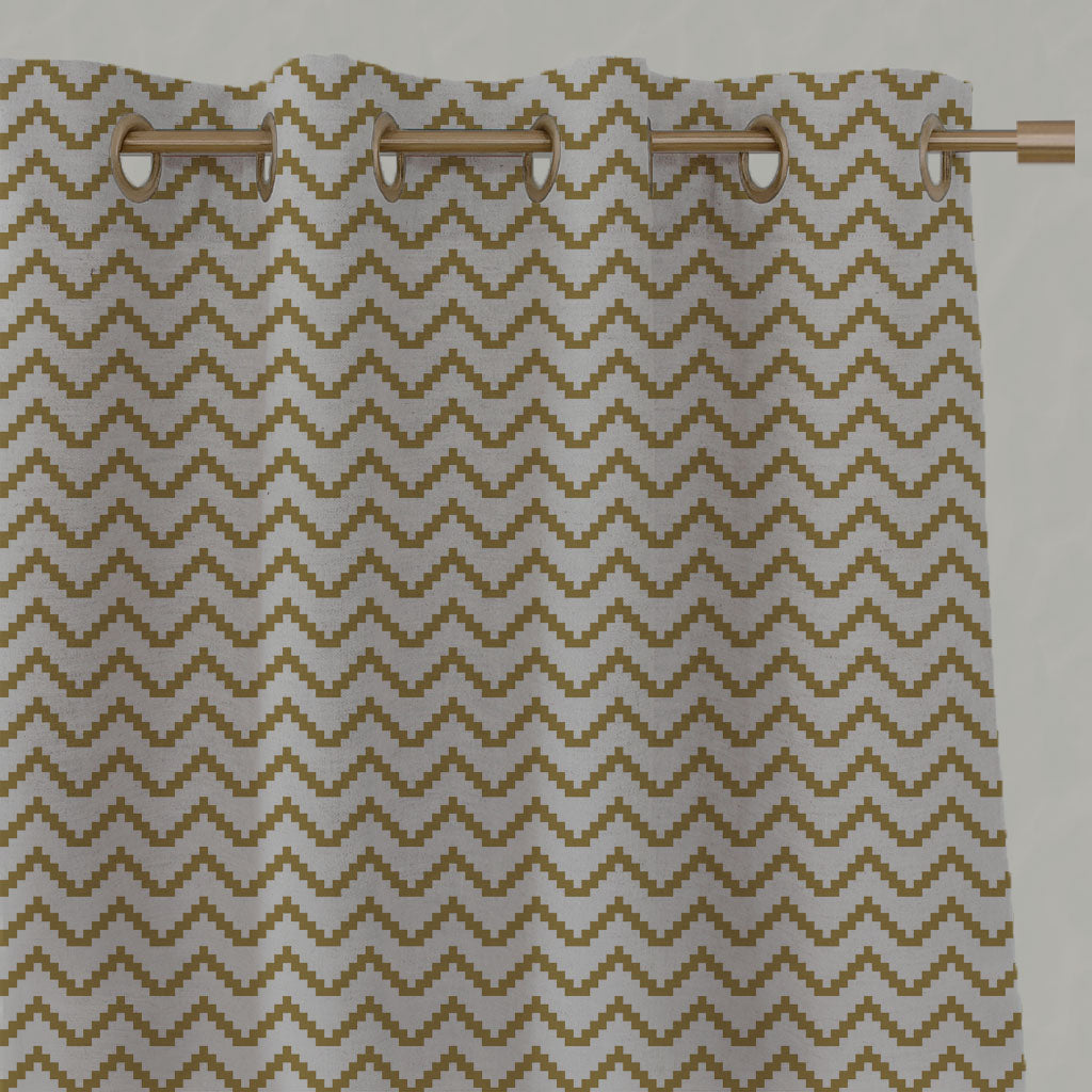 Yellow Patterned Linen Eyelet Curtains - Azig Gold Rod - Natural base fabric.