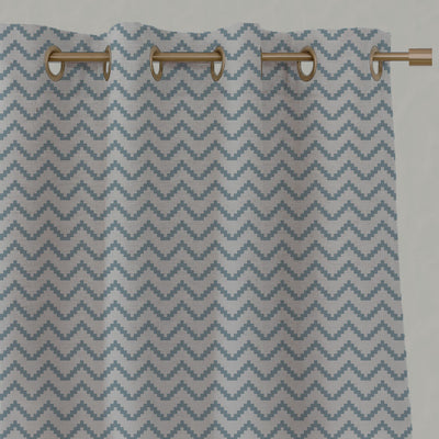 Blue Patterned Linen Eyelet Curtains - Azig Sky - Natural base fabric.
