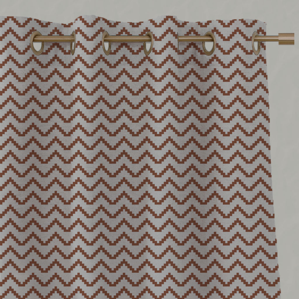 Red / Orange Patterned Linen Eyelet Curtains - Azig Terracotta - Natural base fabric.