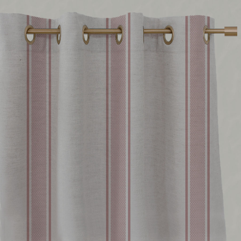 Pink Striped Linen Eyelet Curtains - Bella Dusty Pink - Natural base fabric.