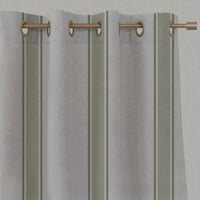 Green Striped Linen Eyelet Curtains - Bella Olive - Natural base fabric.