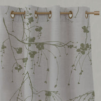 Green Botanical Linen Eyelet Curtains - Berry Olive - Natural base fabric.