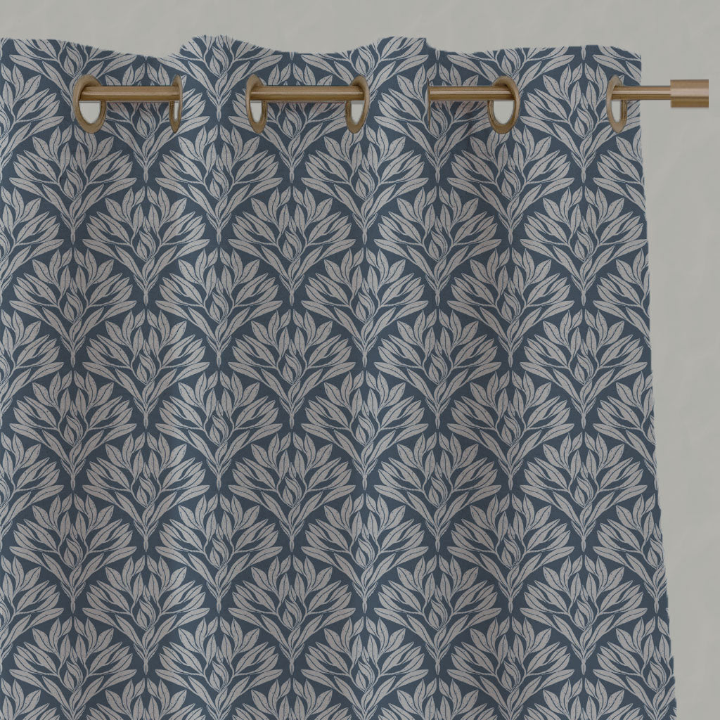 Blue Botanical Linen Eyelet Curtains - Birna Denim - Natural base fabric.