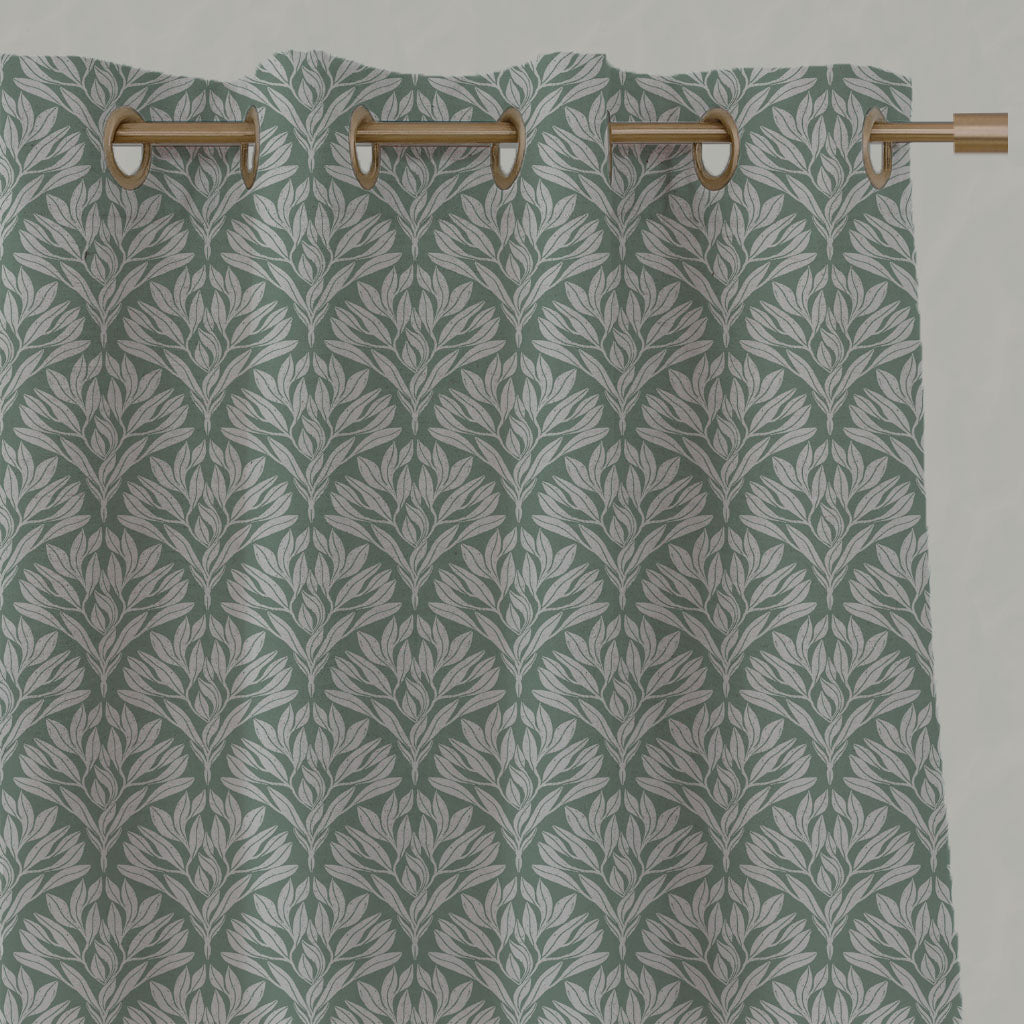 Green Botanical Linen Eyelet Curtains - Birna Jade Mist - Natural base fabric.