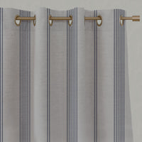 Blue Striped Linen Eyelet Curtains - Brea Deep Blue - Natural base fabric.