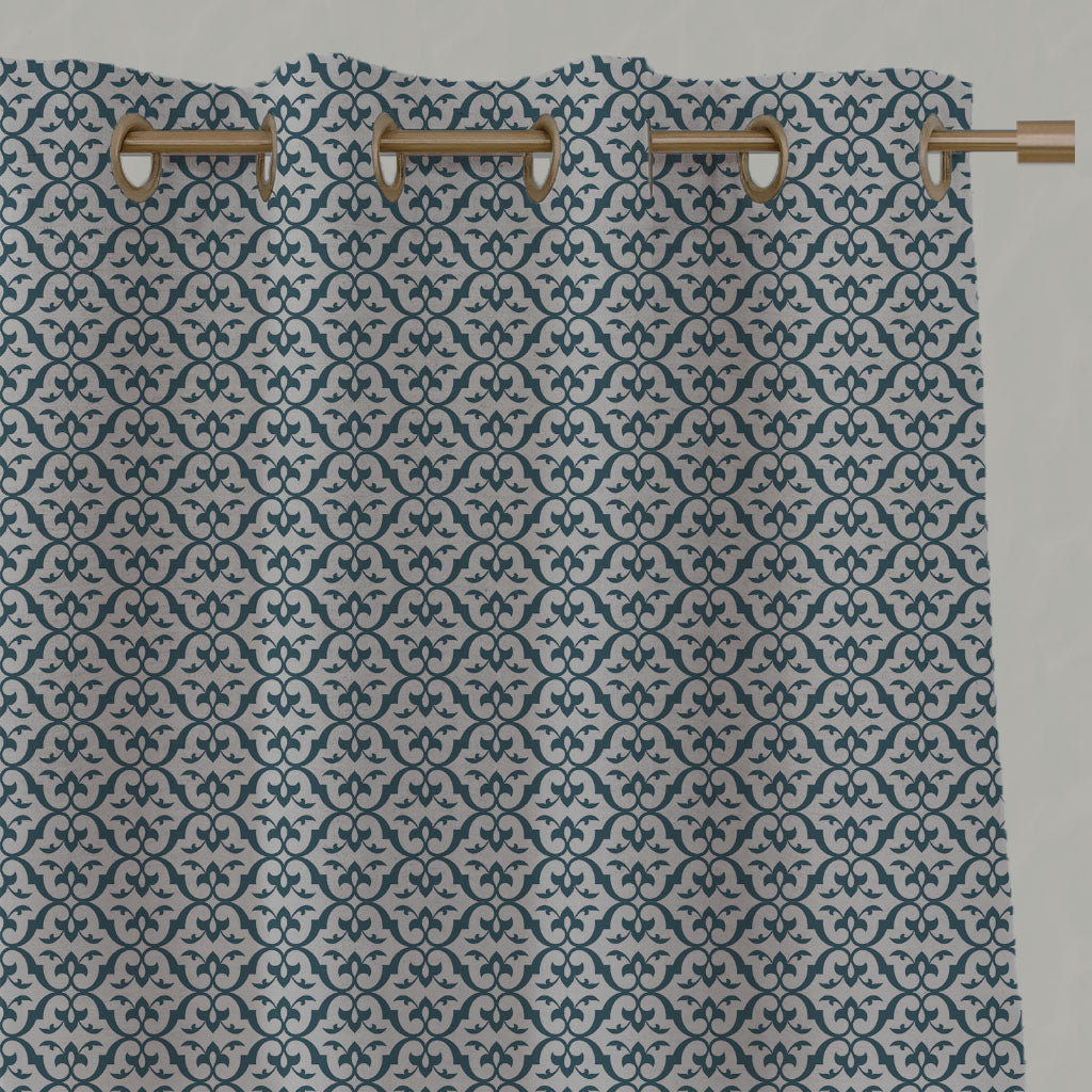 Blue Patterned Linen Eyelet Curtains - Brita Blue Stone - Natural base fabric.