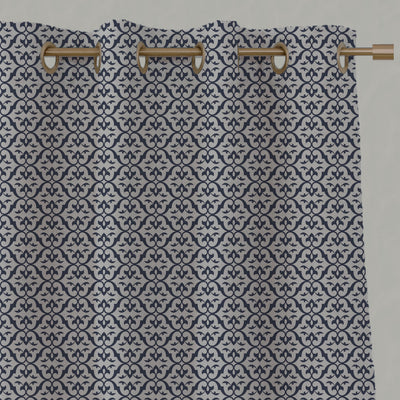 Blue Patterned Linen Eyelet Curtains - Brita Deep Blue - Natural base fabric.