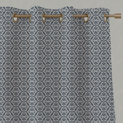 Blue Patterned Linen Eyelet Curtains - Brita Denim - Natural base fabric.