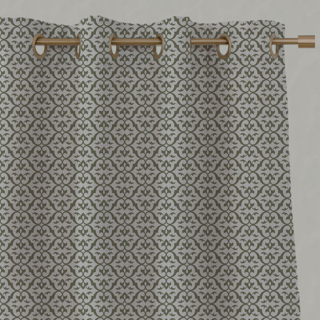 Green Patterned Linen Eyelet Curtains - Brita Moss - Natural base fabric.