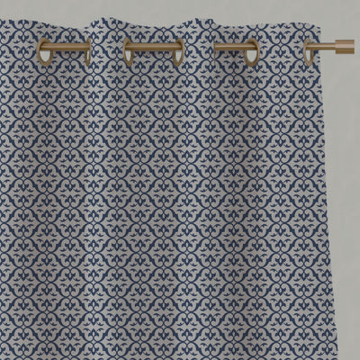 Blue Patterned Linen Eyelet Curtains - Brita Night Blue - Natural base fabric.