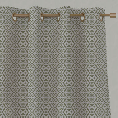 Green Patterned Linen Eyelet Curtains - Brita Olive - Natural base fabric.