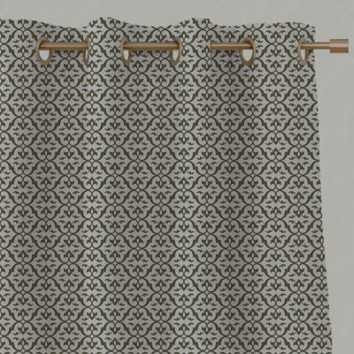Green Patterned Linen Eyelet Curtains - Brita Seaweed - Natural base fabric.