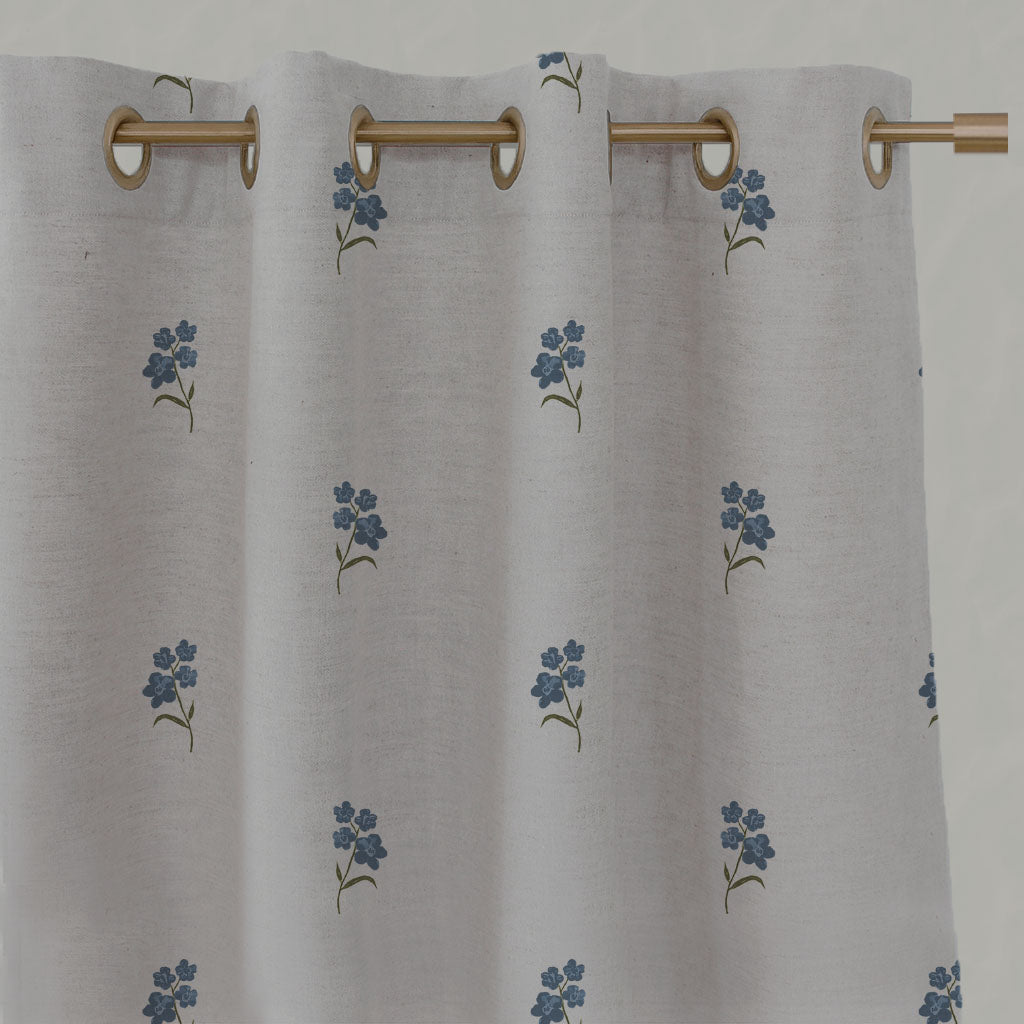 Blue Floral Linen Eyelet Curtains - Cree Denim - Natural base fabric.