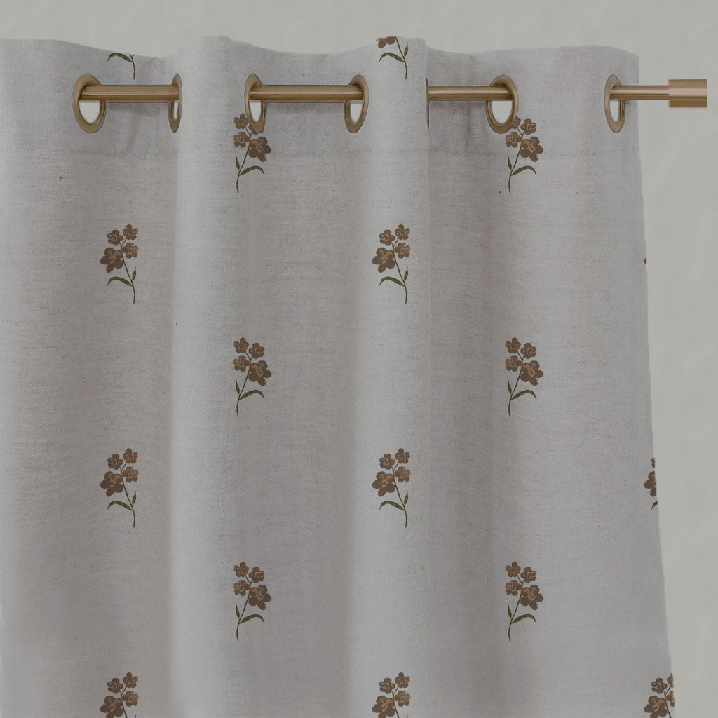 Brown Floral Linen Eyelet Curtains - Cree Sand - Natural base fabric.