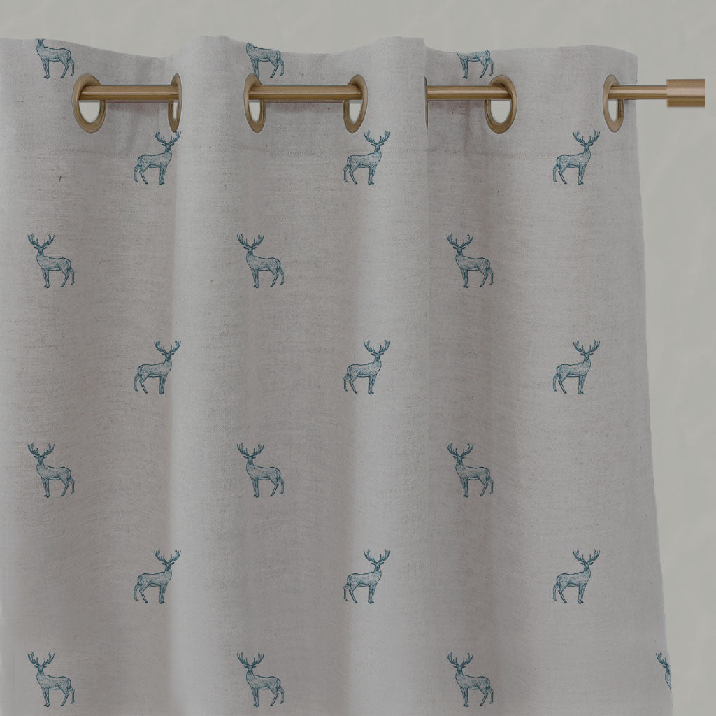 Blue Patterned Linen Eyelet Curtains - Deer Blue Stone - Natural base fabric.