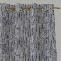 Blue Patterned Linen Eyelet Curtains - Dora Deep Blue - Natural base fabric.