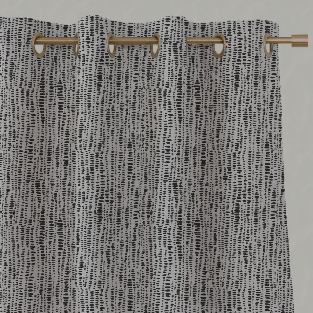 Black Patterned Linen Eyelet Curtains - Dora Noir - Natural base fabric.